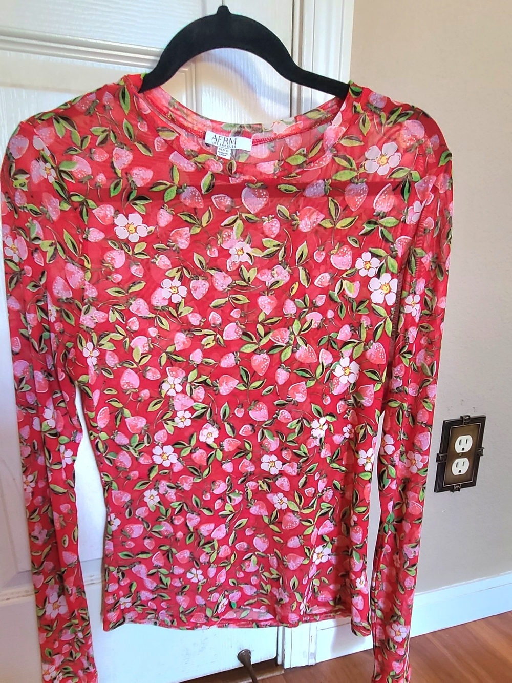 AFRM Red Floral Strawberry Print Long Sleeve Top. Fitted.